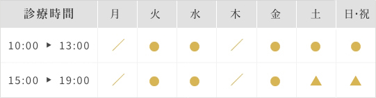 平日10:00～13:00/15:00～19:00・土日祝10:00～13:00/14:30～18:30